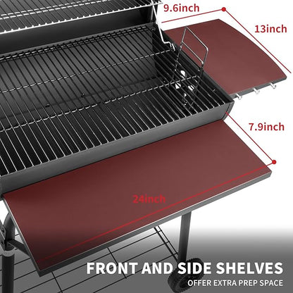 Barrel Charcoal Grill, Large Charcoal Grills with Front and Side Shelf, 627 Square Inches Cooking Grid, Outdoor BBQ Grill, Perfect for Backyard Camping, Patio Parties, and Picnics