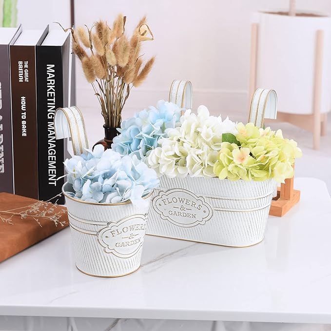 PerGar Vintage Metal Iron Wall Hanging Flower Pots, Rustic Planter Bucket Herb Flower Plant Holder with Detachable Hooks & Drainage Hole for Railing Fence Balcony Deck Garden Home Decoration, Set of 3