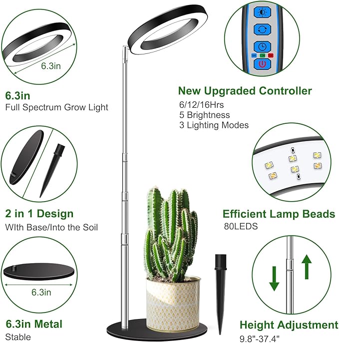 Grow Lights for Indoor Plants Full Spectrum, 80 LEDs Plant Light for Indoor Plants, Height Adjustable 6.3in Desktop Growing Lamp with Auto Timer 6/12/16Hrs, 3 Optional Spectrums,5 Brightness