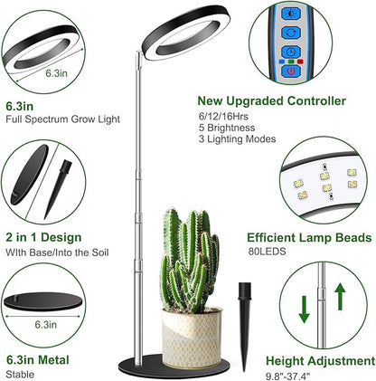 Grow Lights for Indoor Plants Full Spectrum, 80 LEDs Plant Light for Indoor Plants, Height Adjustable 6.3in Desktop Growing Lamp with Auto Timer 6/12/16Hrs, 3 Optional Spectrums,5 Brightness