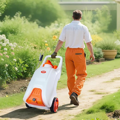 VEVOR 13.1 Gallon Battery Powered Sprayer with Wheels, Adjustable 0-80 PSI, 5 Nozzles and 98ft Hose Included, Orange