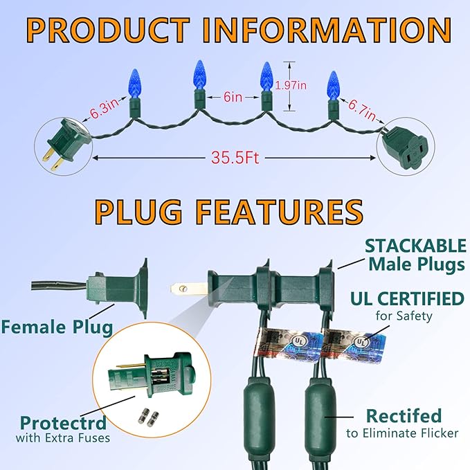 70 Count C6 Blue Christmas Lights - 35.5ft Outdoor, Waterproof, Green Wire, IP65, UL Listed