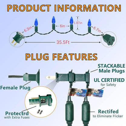 70 Count C6 Blue Christmas Lights - 35.5ft Outdoor, Waterproof, Green Wire, IP65, UL Listed