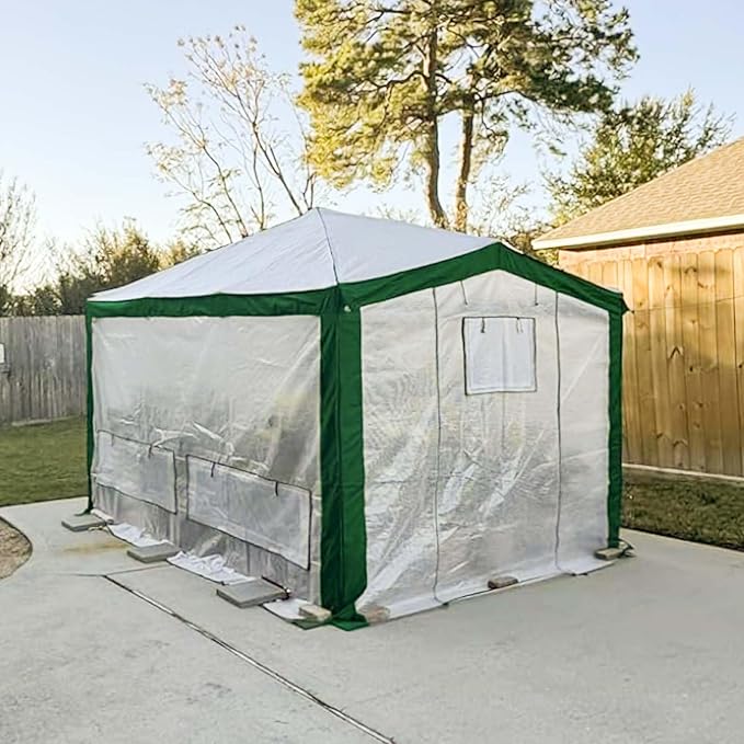 EAGLE PEAK 12x8 Portable Walk in Greenhouse with Polyester Reinforced Corners, Instant Pop up Indoor Outdoor Gardening Green House, Roll Up Zipper Doors Mesh Windows & Winter Support Pole, Green/White