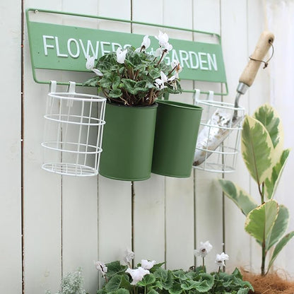 Vintage Metal Hanging Flower Pot Rustic Wall Mounted Planter Bucket 4 Basket Farmhouse Plants Holder with Detachable Hooks for Garden Railing Fence Patio Yard Outdoor Decor Green