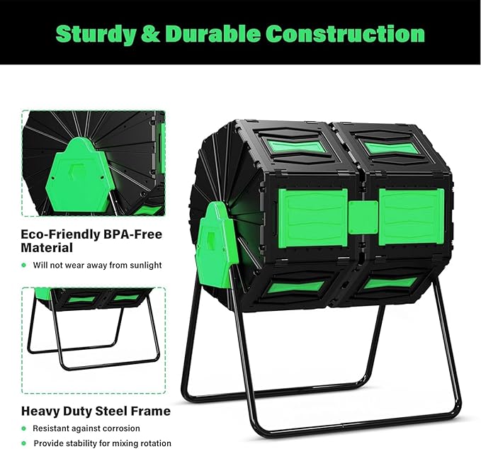 Compost Tumbler, Easy Assemble & Efficient Outdoor Compost Bin, 45 Gallon/170 Liter Large Dual Chamber Rotating Composter for Garden, Kitchen, and Yard Waste, Green Door
