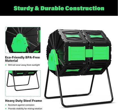 Compost Tumbler, Easy Assemble & Efficient Outdoor Compost Bin, 45 Gallon/170 Liter Large Dual Chamber Rotating Composter for Garden, Kitchen, and Yard Waste, Green Door