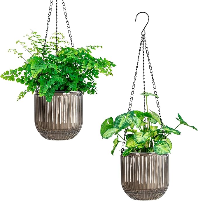 Melphoe 2 Pack Self Watering Hanging Planters Indoor Flower Pots, 5.3 Inch Outdoor Hanging Basket, Plant Hanger with 3Hooks Drainage Holes for Garden Home (Gray)