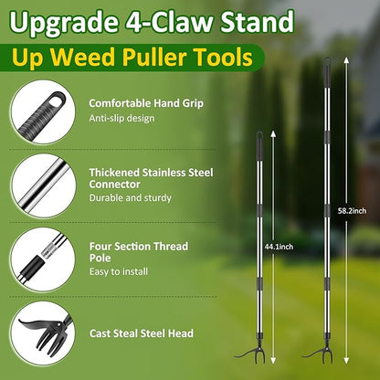 Weed Puller Tool, Stand Up Weed Remover Tool with Long Handle, 4 Claw Steel Head Weeder Tool with 4-Sectioal Pole Design, Garden Hand Weeding Tool, Smoothly Remove Weeds Without Kneeling