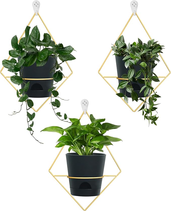 3 Sets Wall Planters for Indoor Plants Geometric Hanging Planters for Indoor Plants - Self-Watering Flower Pots with Black Metal Holder, Mounted Succulent Planter, 5" Black Plant Pot