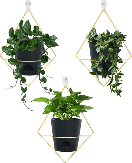 3 Sets Wall Planters for Indoor Plants Geometric Hanging Planters for Indoor Plants - Self-Watering Flower Pots with Black Metal Holder, Mounted Succulent Planter, 5" Black Plant Pot