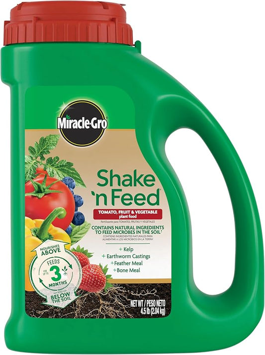 Miracle-Gro Shake 'n Feed Tomato, Fruit and Vegetable Plant Food, For Outdoor In-Ground and Potted Plants, Feeds up to 3 Months, 4.5 lbs.