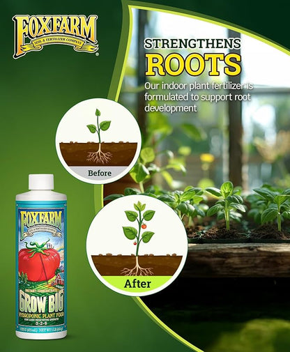 FoxFarm Grow Big Hydro Organic Liquid Fertilizer, 1 Pint - 3-2-6 Plant Food with Micro Nutrients for Hydroponic Systems - Enhances Vegetative Growth, Flowering, and Fruiting - pH Adjustable