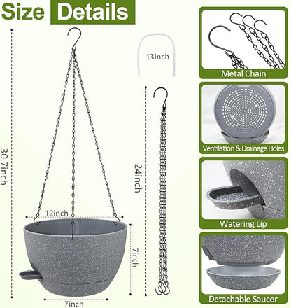 WOUSIWER Self Watering Hanging Planters, 2 Pack 12'' Plastic Pots with Drainage Holes & Reservoir Tray (Speckled Grey) | Indoor & Outdoor Use for Ferns, Ivy, Herbs, Succulents