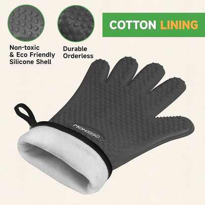 GEEKHOM BBQ Gloves Heat Resistant Oven Mitts - Silicone Grilling Gloves with 14" Long Arm Protection - Waterproof Pot Holder Non-Slip for Men & Women, Kitchen Cooking, Baking, Camping, Gray