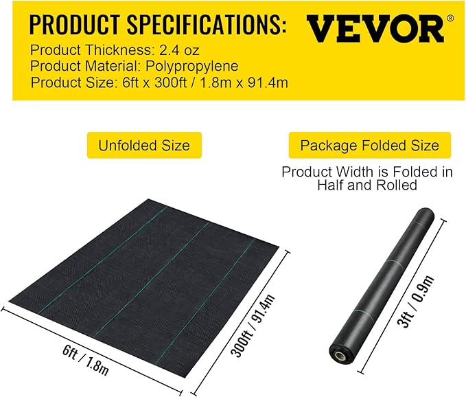 Happybuy 6x300ft Premium Weed Barrier Landscape Fabric Heavy Duty 2.4OZ, Woven Weed Control Fabric, High Permeability Good for Flower Bed, Geotextile Fabric Underlayment, Driveway Fabric Ground Cover