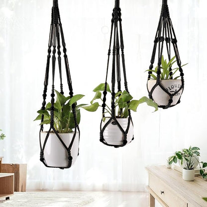 3-Pack Macrame Plant Hanger Indoor - Hanging Planter Basket for Indoor Outdoor - Decorative Boho Plant Holders Set with Beads - Ceiling Flower Pot Holder with 6 Hooks - 35"/30"/24" Black