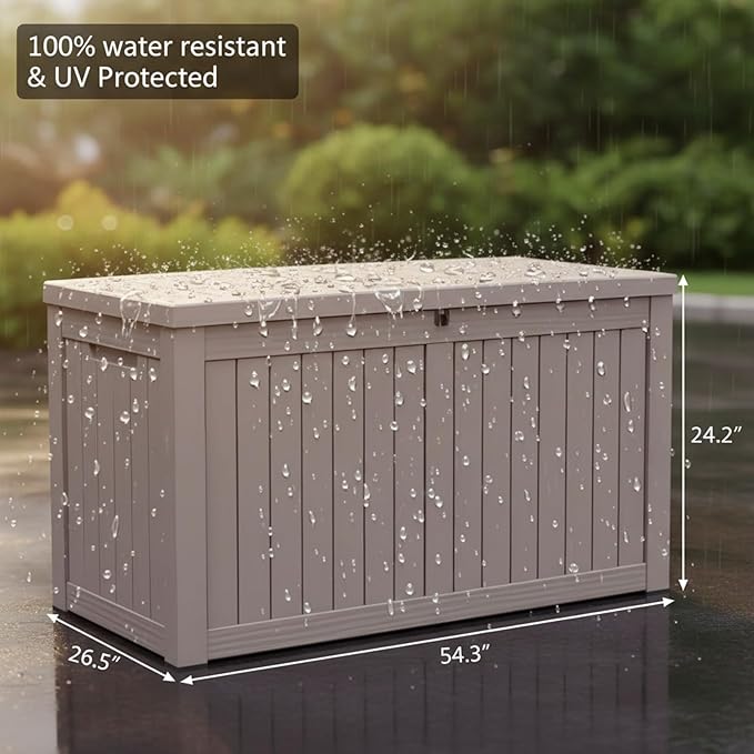 120 Gallon Resin Deck Box, Outdoor Storage Chest for Patio Furniture Cushions, Garden Tools, Pool Accessories | Lockable, Waterproof, All-Weather, Easy Assembly, Wood Grain Design