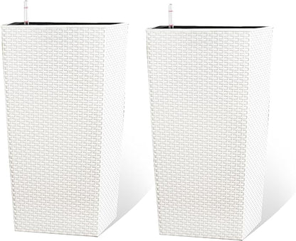 23in Tall Planter Set of 2, Large Self Watering Pots for Indoor/Outdoor Plants with Drain Holes, Water Level Monitor, Inner Bucket for Front Porch Patio, White Rattan