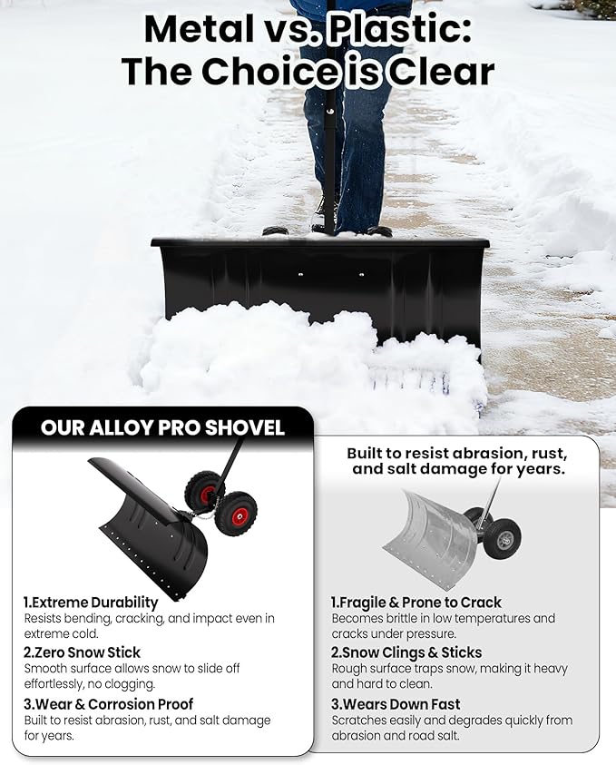 36” Snow Shovel for Driveway,Heavy Duty Wheeled Rolling Shovels 5 Position Angled Blade, Ergonomic Handle & Rubber Wheels for Efficient Snow Removal, Snow Plow for Doorway,Driveway and Sidewalks