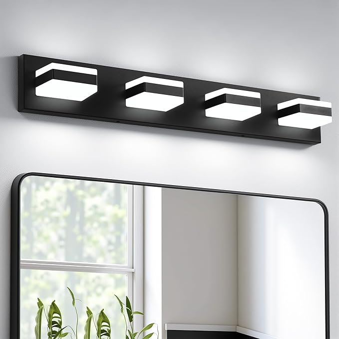 Bathroom Lighting Fixtures Over Mirror, 4 Light Bathroom Vanity Light Fixtures with Cool White 5000K, Matte Black LED Modern Vanity Wall Lights for Bath, Dressing Room, Restroom, 29.5 inch