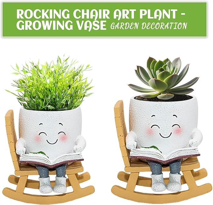 Smily Face Rocking Chair Reading Book Planter Pots, Cute Resin Flower Head Succulent Planters for Indoor Plants, Gift IdeaI for Mother Christmas Birthday with Drainage Hole