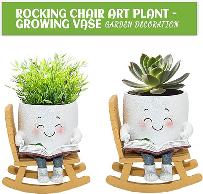 Smily Face Rocking Chair Reading Book Planter Pots, Cute Resin Flower Head Succulent Planters for Indoor Plants, Gift IdeaI for Mother Christmas Birthday with Drainage Hole