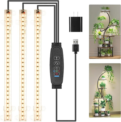 LED Grow Light Strips, Grow Lights for Indoor Plants Full Spectrum 3000K, 78 LEDs Plant Light with 3/9/12H Timer, 10 Dimmable Levels for Seedling Succulent and Plant Shelf, 3 Head 8.6 Inches