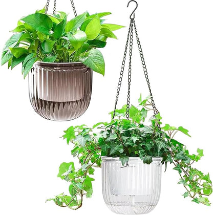 Melphoe 2 Pack Self Watering Hanging Planters Indoor Flower Pots, 6.5 Inch Outdoor Hanging Plant Pot Basket, Plant Hanger with 3Hooks Drainage Holes for Garden Home (Gray + White)