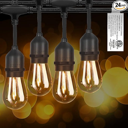 𝟒𝟖𝑭𝑻 LED Outdoor String Lights with 𝟮𝟰 Weatherproof Shatterproof Edison 𝑳𝑬𝑫 𝑩𝒖𝒍𝒃𝒔(2 𝑺𝒑𝒂𝒓𝒆)，Commercial Grade Waterproof Hanging Lights for Backyard Porch Balcony Party