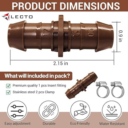 LECTO Universal 5/8", 1/2", .700" Drip Line Repair & Extension Kit – 3 Pack Plastic Couplers with 6 Stainless Steel Hose Clamps