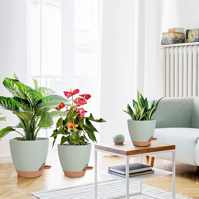 Plant Pots, Self Watering Planters for Indoor Plants with Drainage Hole, Plastic Flower Pot for Succulents, African Violet (Green, 12/10/9)