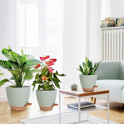 Plant Pots, Self Watering Planters for Indoor Plants with Drainage Hole, Plastic Flower Pot for Succulents, African Violet (Green, 12/10/9)