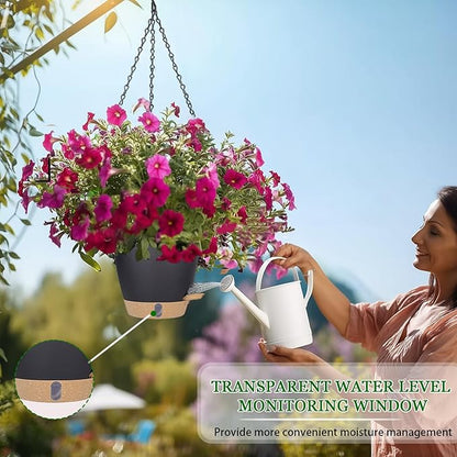 Hanging Planter Self Watering 8 Inch, 2 Pack Hanging Baskets for Plants, Hanging Flower Pots with Drainage Hole & 2 Kinds of Plant Hangers for Garden Home Decor (Black, 8 inch)