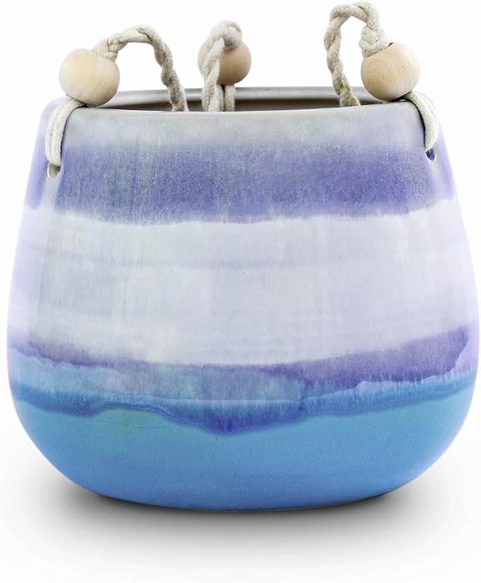 23 Bees Ceramic Hanging Planter | Blue Succulent Pots | Round Plant Holder Container | Cactus Pot with Cotton Rope Hanger | Indoor Outdoor Decor (1 Pack x Blue Horizon)
