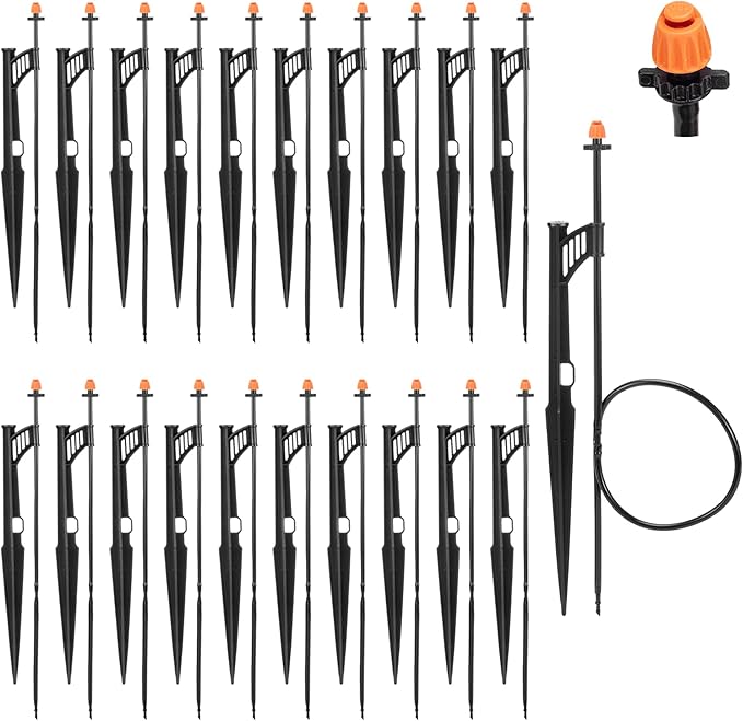 20 Sets 180 Degree Irrigation Sprinkler Heads with Stake Drip Micro Spray Emitters with 1/4" Irrigation Tubing on Riser Stake Micro Spray Sprinkler Stake Assembly for Garden Watering System