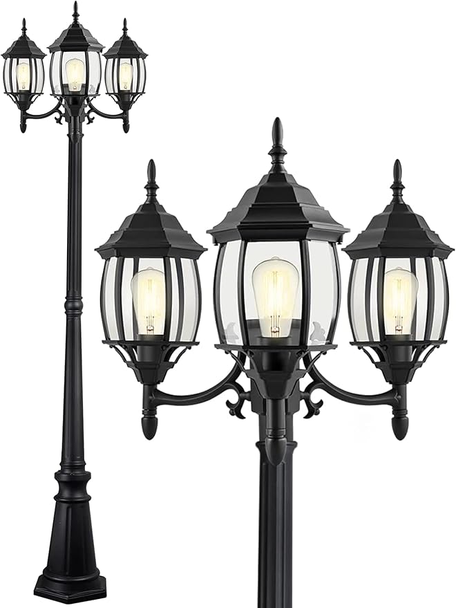 85 Inch 3-Head Lamp Posts Outdoor Lighting for Backyard Garden 3-Light Outdoor Post Lantern 85” Aluminium Alloy Outside Street Light with Clear Glass Shade,Driveway Light,E26(Bulbs Not Included)