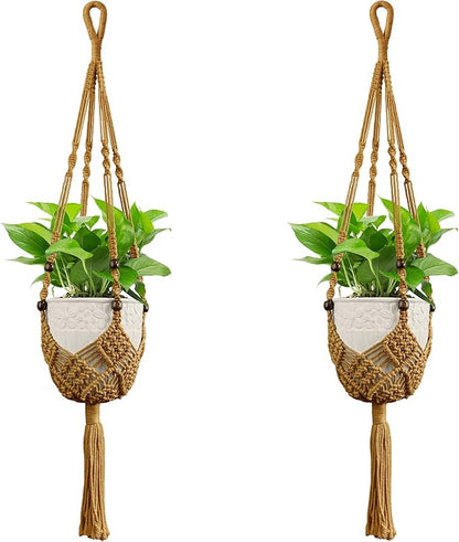 USLAI Macrame Plant Hanger for Indoor Outdoor, Up to 3-6.5 inch Pot, Hanging Planter Flower Pot Holder with Beads and Tassels, Boho Home Decor, 2-Pack, Brown
