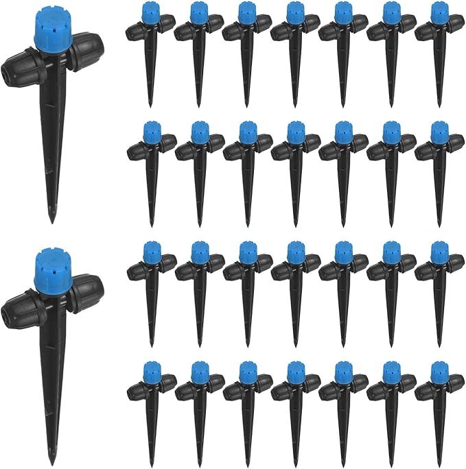 30-Pack Drip Irrigation Emitters Sprayers, Drippers on 5"/13mm Stake Adjustable 360 Degree Water Flow 8 Holes for 1/4" Drip Irrigation Tubing for Watering System [Blue, Drip]