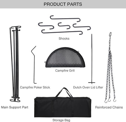 REDCAMP Swing Campfire Grill Stand - Collapsible Campfire Cooking Rack with 6 Hooks & Iron Grill Grate, Portable Dutch Oven Hanger for Outdoor Camping, Cookware, Bonfire, Round