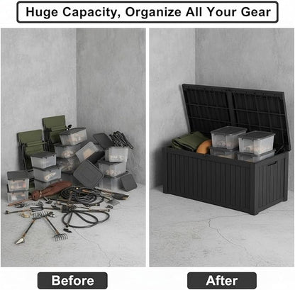 150 Gallon Resin Deck Box with Lockable Lid - Outdoor Waterproof Storage for Patio Furniture, Garden Tools, Cushions & Pool Accessories, Wood Grain Design, Easy Assembly