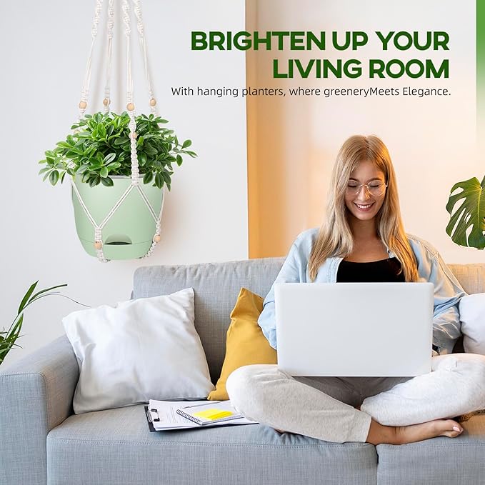 2-Pack 5.7-Inch Self-Watering Hanging Planters for Indoor & Outdoor Plants,34Inch Macrame Hanger Plant Pots Indoor with Drainage,Small Hanging Planters & Baskets,With Two Sets of Hooks（Pure green）