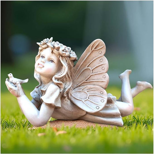 Resin Fairy Statue Holding Bird – Outdoor Garden Fairy Figurine for Yard, Patio or Lawn, Whimsical Fairy Garden Decor for Outside 11” L