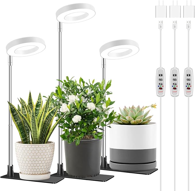 Grow Light, Full Spectrum Plant Lights for Indoor Growing with with 3/9/12H Timer, 3 Color Modes, 10 Brightness, 6.5"-26" Height Adjustable Halo Grow Light with Base, 3 Pack(3.4in)