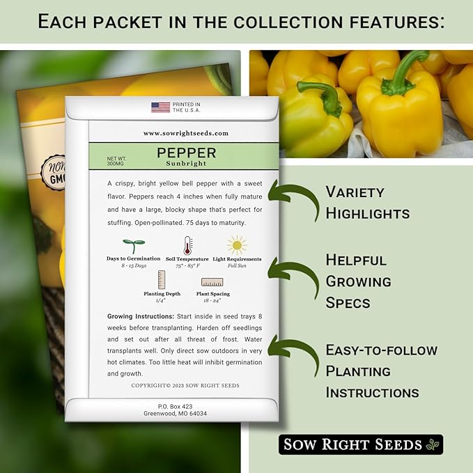 Sow Right Seeds - Hot & Sweet Pepper Seed Collection for Planting - California Wonder, Cubanelle, Sweet Banana, Poblano, Serrano, Sunbright, Cayenne, Anaheim - Non-GMO Heirloom Peppers to Plant