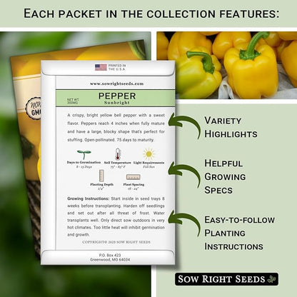 Sow Right Seeds - Hot & Sweet Pepper Seed Collection for Planting - California Wonder, Cubanelle, Sweet Banana, Poblano, Serrano, Sunbright, Cayenne, Anaheim - Non-GMO Heirloom Peppers to Plant