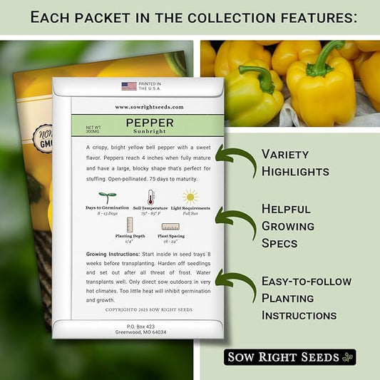 Sow Right Seeds - Hot & Sweet Pepper Seed Collection for Planting - California Wonder, Cubanelle, Sweet Banana, Poblano, Serrano, Sunbright, Cayenne, Anaheim - Non-GMO Heirloom Peppers to Plant