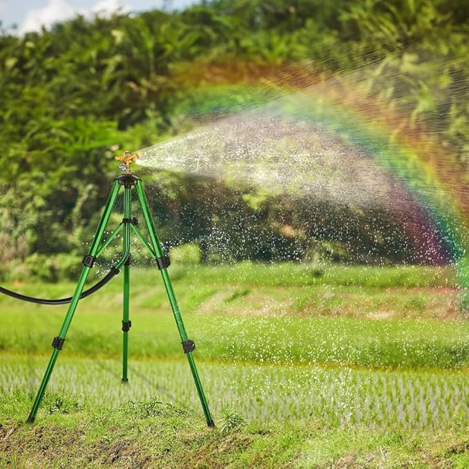 THUNDERBAY Impact Sprinkler on Tripod Base, Heavy-Duty sprinklers Provide 360-degree Spray Coverage Large Yard Garden Lawn Areas, 3/4 Inch Connector Extension Legs Flip Locks with Brass Head, 1 Pack