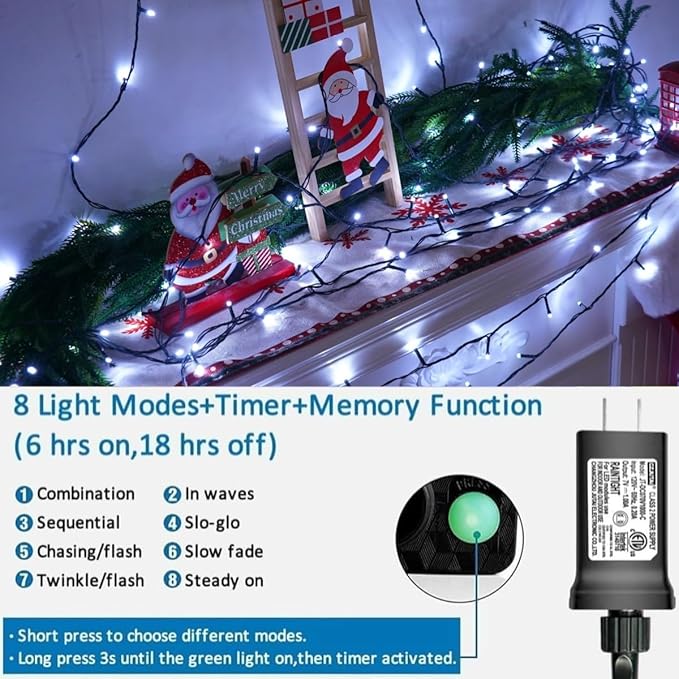 YEGUO 165ft 500 LED Christmas Lights Outdoor Waterproof, White String Lights Indoor, Green Wire Twinkle Tree Light Plug in with 8 Modes Timer Memory