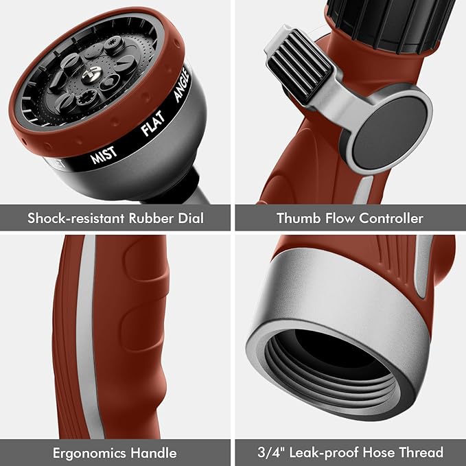 RESTMO Watering Wand Heavy Duty, Metal Garden Hose Wand with 10 Spray Patterns, 15-Inch Long Hose Nozzle Sprayer with Thumb Flow Control, Ideal to Water Hanging Baskets and Shrubs, Red